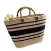 Gewebte Tasche aus Baumwollfaden, großes Fassungsvermögen, Handtasche mit Bambusknotengriff, vereinfachtes gestreiftes Gras, vielseitiger Strand