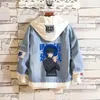 Anime jujutsu kaisen män jeans jacka gojo satoru tryck casual kvinnor lapptäcke denim huva huva outwear coat 240311