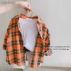 T-shirts Spring 100% Cotton Casual Plaid Blouse Summer Striped Shirt Korean Baby Long Sleeve Tops Boys Shirts School Girls Blouses ldd240314