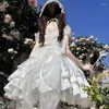 Casual Dresses 2024 Summer Classical Elegant Suspender Dress Women Lolita Soft Girl Solid Kawaii Bow Trailing Lace Wedding Party JSK