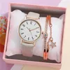 Wristwatches 2 Piece Set Simple Ladies Watches Fashion Beige Numbers Women Quartz Watch Luxury Leather Dress Female Clock