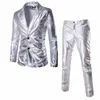 Großhandel Einzelhandel Beschichtetes Gold Silber Schwarz Jacken Hosen Männer Anzug Sets Kleid Marke Blazer Party Bühnenshow glänzende Kleidung 240304