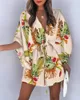 Basic Casual Dresses Womens Summer Flying Sleeves Sexy V-neck Lace Up Print Beach Dress 2023 Womens Spring Quarter Sleeve Loose Button Mini DressL2403