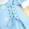 Dziewczyna sukienki dla dziewcząt od 1 do 5 lat 2024 Summer puszysty rękawa bandaż sznurka niebieska sukienka dziecięca ubrania blezer