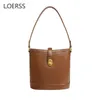 LOERSS Cow Leather Vintage Bucket Bag for Womens Commuting Fashion Shoulder Bag Casual Crossbody Bag Female Niche Handbag 240309
