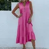 Lässige Kleider, Damen-Sommerkleid, Patchwork-Saum, elegantes Midi-Kleid mit V-Ausschnitt und Knopfdekor, A-Linie für einen weichen, fließenden Urlaub