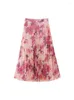 Skirts Girls Spring Summer Flower Print 2024 Fashion Long Chic Lady Elegant High Waist Pleated Red A-Line Chiffon Skirt