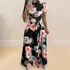 Casual Dresses Lätt sommarklänning Floral Print Maxi med hålig krage bälte midja kvinnors a-line gunga för våren