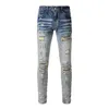 Amerikaanse stijl high street noodlijdende patch live-uitzending verf blauwe verweerde klassieke elastische jeans