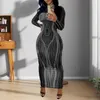 Casual Dresses Women Long Sleeve Dress Elegant Striped Print Maxi For Slim Fit Sheath Style With Sleeves Round Neck Ankle