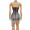 Scenkläder 2024 Sexig se genom Crystal Tassel Bodycon Latin Dance Dress Spaghetti Slip Backless Prom Mini Women Party Club