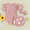 Zestawy odzieży Urodzona niemowlę dziewczynka letnia litera Letter Romper Daisy Shorts Opaska na głowę Zestaw ubrania 3pcs