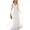 Bohemian Chiffon A Line Wedding Dresses Long Train Brudklänningar Applikationer Spets ärm Vit V Neck Boho Beach Bride Dress Vestidos de Novia Robes Mariage