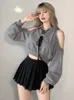 Deeptown Y2K Vintage Gray Cropped Hoodies Women Harajuku Sexy Off Shoulder Sweatshirts Korean Loose Casual Chic Tops Gothic Kpop 240314