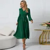 2024 Women's New Long Sleeve Slim Fit Pleated Belt V-neck A-line Dress