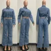 Women's Two Piece Pants Znaiml Blue Long Sleeve Single-breasted Jacket Top And Wide Leg Denim Set Women Jeans Outfits Birthday Clubwear