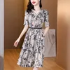 Party Dresses 2024 Vintage Ink Målning Silk Printed Dress Women's Summer Versatile V-Neck Loose Fit Casual Holiday Vestidos