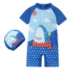 Swimwear Newborn Baby Infant Boys Swimsuit with Hat Cartoon Dinosaur Print Short Sleeve Round Neck Half Zipper Girl Jumpsuit Bathing Suit