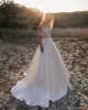 Boho Wedding Dresses A Line Jewel Neck Lace Satin Bridal Gowns Buttons Back Beach Robe De Mariee Plus Size