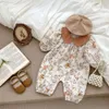 INS Spring Autumn Baby Jumpsuit for Both Boys Girls, Cute Animal Print Crawling Suit with A Lapel Collar, Long Sleeves, and Buttocks