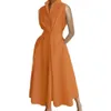 Loose Fit Dress Elegant Aline Midi with Lapel Button Detail High Waist for Formal Commute Style Big Swing Women 240313