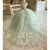 النعناع الأخضر الديكور الشراكيل Quinceanera فستان الدانتيل متابعة الكتف الكتف 3D الزهور