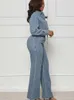 Women's Two Piece Pants Znaiml Blue Long Sleeve Single-breasted Jacket Top And Wide Leg Denim Set Women Jeans Outfits Birthday Clubwear