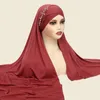 Etnische kleding één stuk Amira vrouwen moslim diamanten lange sjaal wrap instant hijab katoen kruis sjaal effen kleur riem hoofddoek tulband