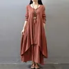 Robes décontractées de base Automne femmes Boho robe Vintage littéraire grande balançoire robes élégantes lin superposition à manches longues décontracté faux deux pièces robesL2403