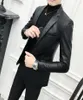 Solid Black Slim Fit Blazer Hombre Pu Leather Jacket Men One Button Business Com Blazers For Men Korean Suit Coat2353856