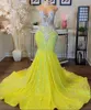 Sequin Shinning Yellow Mermaid Prom Dresses Jewel Neck Lace Appliques Plus Size Birthday Party Gowns For African Girls BC