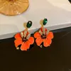 Dingle örhängen koreansk stil orange emaljblommor tappar för kvinnor vintage gröna glasfyllda festsmycken