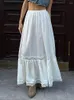 Skirts Absobe Lace Patchwork Satin A-Line Maxi Skirt Women Low Rise White Loose Fit Long Autumn Tie Retro Outfit Streetwear