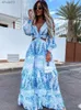 Robes décontractées de base Robes élégantes pour femmes 2023 Été Creux Sexy Imprimer Col en V Robe à manches longues Vacances Plage Lady Vesido Mujer Robe S-XXXLL2403