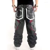 Jeans masculinos hiphop hip hop hipster homens bordado floral solto calças de skate tendência mais tamanho gordo