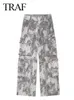 TRAF Herfst Vintage Mode Vrouwen Grijze Print Met Zak Hoge Taille Casual Cargo Broek Vrouw High Street Lange Broek overalls 240309