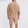 Men's Tracksuits Mens crochet summer set mens fashion set casual sportswear loose fitting short sleeved shirt knitted two-piece set Q240314