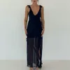 Lässige Kleider Imcute Frauen ärmelloses langes Kleid Rüschenbesatz einfarbig V-Ausschnitt Split Party für Cocktail Sommer Streetwear