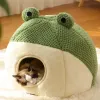 Mats Plush Warm Green Cat Dog Beds Nesting Basket Frog Shape Cartoon Cat Kennel Beds Pet Accessories