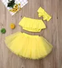 Tenue de jupe d'été pour bébé 3pcsset avec gros bandeau de cheveux et haut tube jupe courte en gaze enfants couleur jaune unie fille designer skir6101528