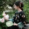 Ethnic Clothing 2024 Spring And Autumn Flower Printed Women Vintage Chinese Style Retro Tang Suit Top Shirt Round Collar Big Sleeve Blouse