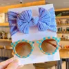 Hair Accessories 2Pcs/Set Children Lovely Soft Colors Bowknot Wide Hairbands Baby Girls Checkerboard Sunglasses Set Kids