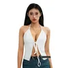 Canotte da donna Estate Y2K Top con allacciatura sul davanti Crop Top senza maniche Halter Cami Lace Backless V Neck Ruffle Trim Retro Mini Vest Streetwear