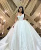 Elegant Ball Gown Wedding Dresses Princess Satin Pearls Beading V Neck Bridal Gowns Sweep Train Sequines Custom Made Bride Dress
