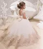 Vestidos de niña para niños, champán, encaje, flor, cuello transparente, hinchado para boda, desfile de primera comunión, vestido de baile para niños pequeños