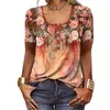 Женские блузки, дышащая футболка, этнический стиль, цветочный принт, летняя коллекция, топы с круглым вырезом и короткими рукавами, футболка Henley с V-образным вырезом