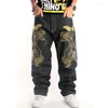 Jeans masculinos hiphop hip hop hipster homens bordado floral solto calças de skate tendência mais tamanho gordo