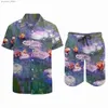 Herren-Trainingsanzüge, Water Lily Herren Claude Monet 1916, lässige Shorts, Strandhemd-Set, Sommermode-Design-Set, kurze Ärmel, übergroße Kleidung, Q240314