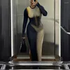 캐주얼 드레스 섹시한 스 플라이 싱 프린트 인쇄 긴 슬리브 맥시 여성 패션 O-Neck Bodycon 슬릿 드레스 이브닝 클럽 파티 의상 2024