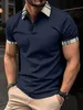 メンズラペル印刷ポロシャツ夏のソリッドカラーショートスリーブトップTシャツシャッドスリムビジネスメンズ衣類240312